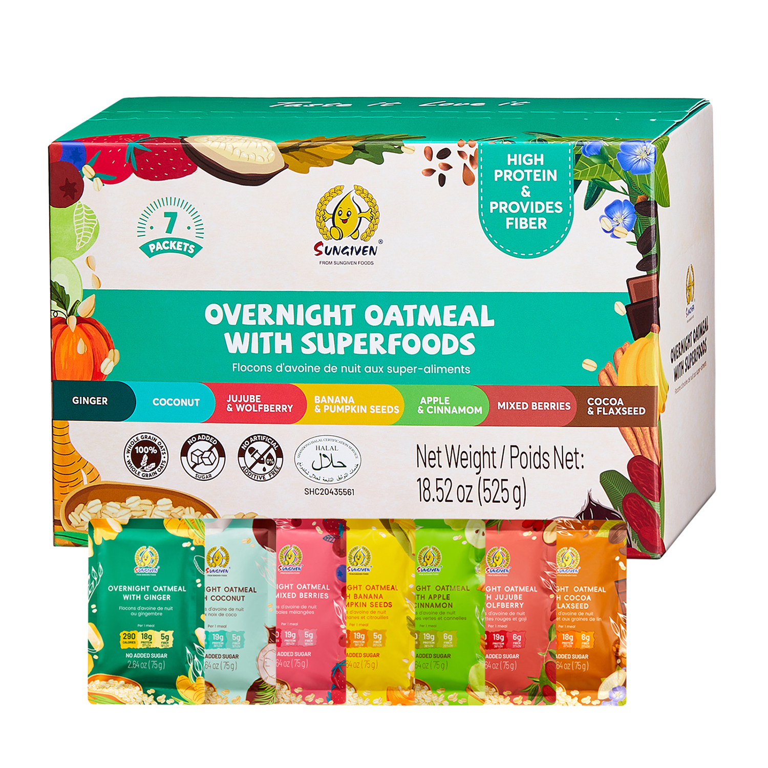 SUNGIVEN Overnight Oatmeal With Superfoods (7 Pack Starter 525g)